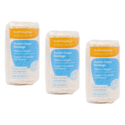 Primacrepe Elastic Crepe Bandage White 7.5cm x 1.6m Pack of 3
