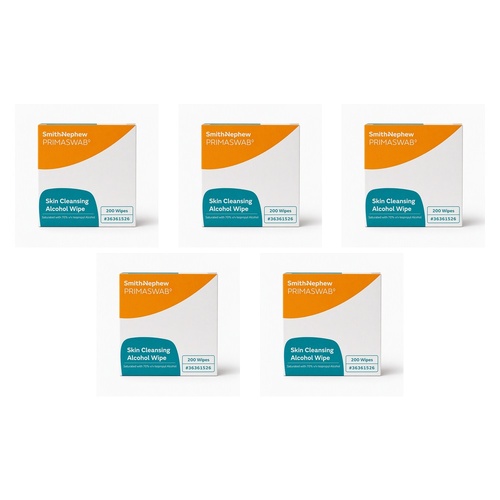 Primaswab Skin Cleansing Alcohol Wipes 2 Ply 200 Pack Bundle of 5