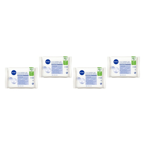 NIVEA 3-in-1 Micellar Cleansing 25 Wipes Pack of 4