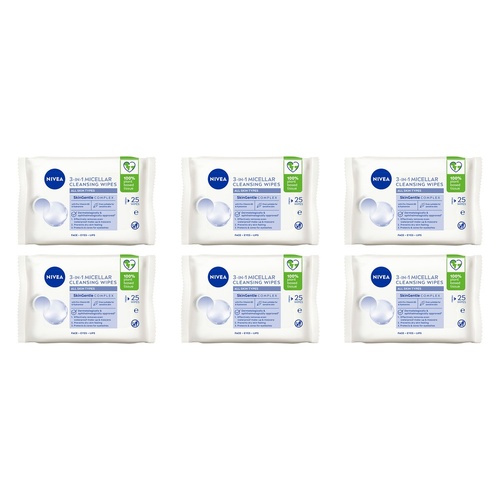 NIVEA 3-in-1 Micellar Cleansing 25 Wipes Pack of 6