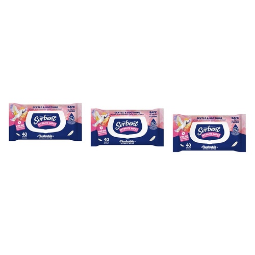 Sorbent Flushable Intimate Wipes 40 Pack Bundle of 3