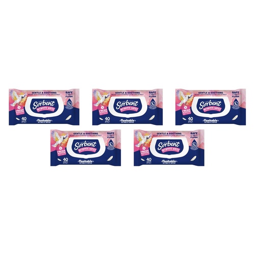 Sorbent Flushable Intimate Wipes 40 Pack Bundle of 5