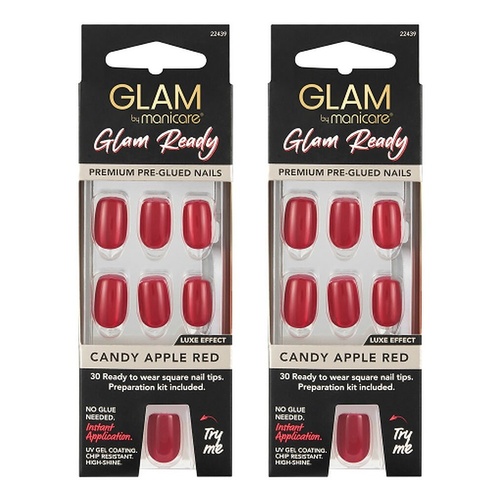 Glam by Manicare Glam Ready Pre-Glued Nails Candy Apple Red 30 Bundle of 2