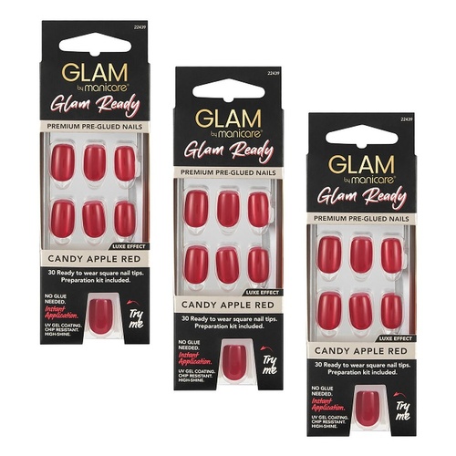 Glam by Manicare Glam Ready Pre-Glued Nails Candy Apple Red 30 Bundle of 3