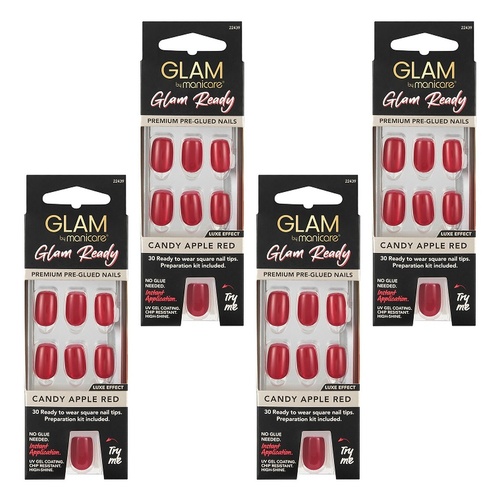 Glam by Manicare Glam Ready Pre-Glued Nails Candy Apple Red 30 Bundle of 4
