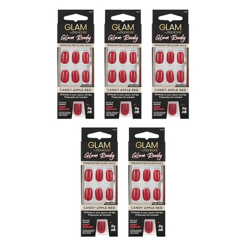 Glam by Manicare Glam Ready Pre-Glued Nails Candy Apple Red 30 Bundle of 5