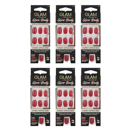 Glam by Manicare Glam Ready Pre-Glued Nails Candy Apple Red 30 Bundle of 6