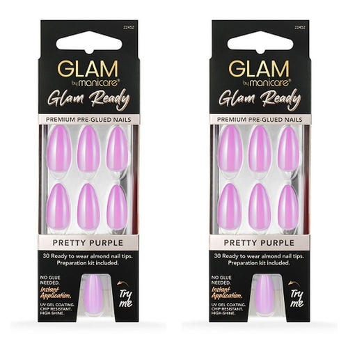 Glam by Manicare Glam Ready Pre-Glued Nails Pretty Purple 30 Pack x Bundle of 2