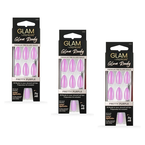 Glam by Manicare Glam Ready Pre-Glued Nails Pretty Purple 30 Pack x Bundle of 3