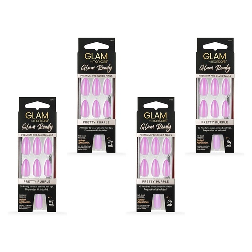 Glam by Manicare Glam Ready Pre-Glued Nails Pretty Purple 30 Pack x Bundle of 4