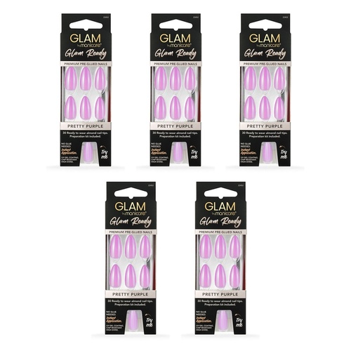 Glam by Manicare Glam Ready Pre-Glued Nails Pretty Purple 30 Pack x Bundle of 5