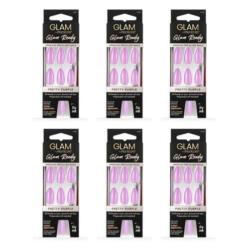 Glam by Manicare Glam Ready Pre-Glued Nails Pretty Purple 30 Pack x Bundle of 6