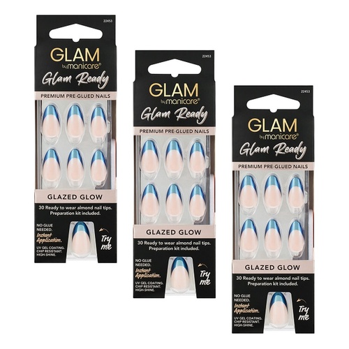 Glam by Manicare Glam Ready Pre-Glued Nails Glazed Glow 30 Pack x 6 Bundle of 3