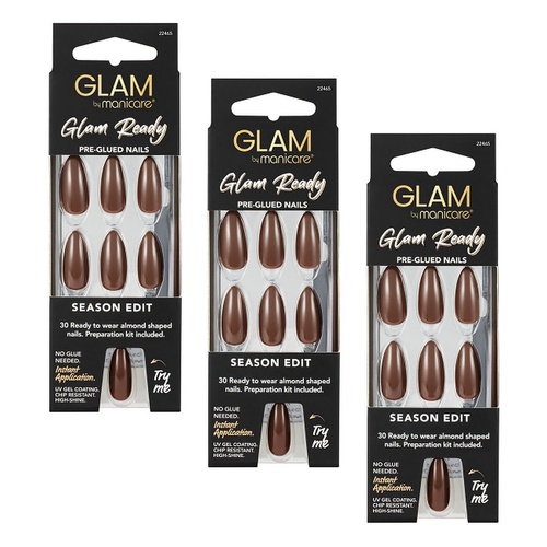 Glam by Manicare Glam Ready Pre-Glued Nails Season Edit 30 Pack x 6 Bundle of 3