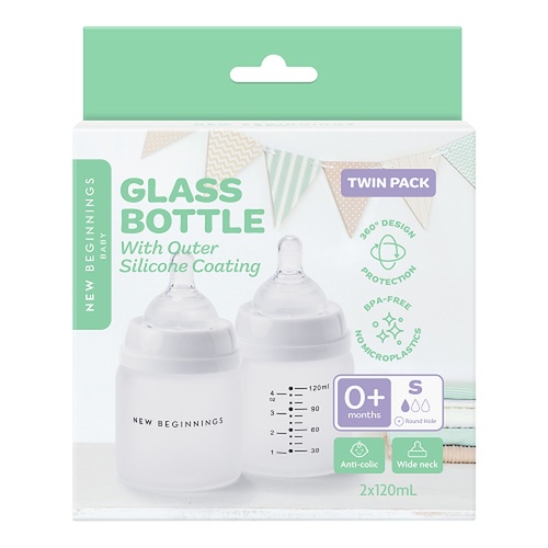 New Beginnings Glass Bottle with Outer Silicone 120mL Twin Pack