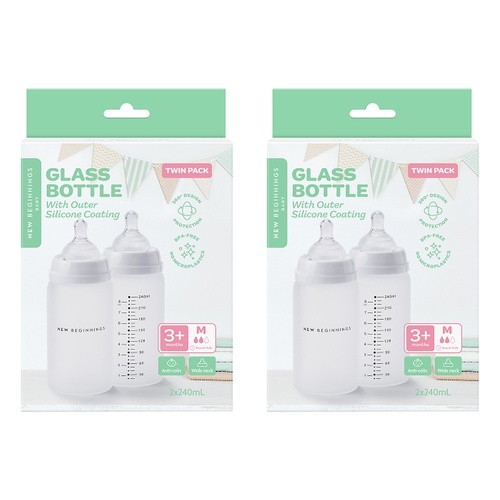 New Beginnings Glass Bottle with Outer Silicone 240mL Twin Pack Bundle of 2