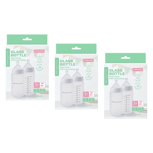 New Beginnings Glass Bottle with Outer Silicone 240mL Twin Pack Bundle of 3