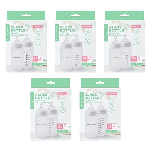 New Beginnings Glass Bottle with Outer Silicone 240mL Twin Pack Bundle of 5