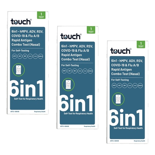 TouchBio 6-in-1 HMPV, ADV, RSV, COVID-19 & Flu A/B Rapid Antigen Test Pack of 3