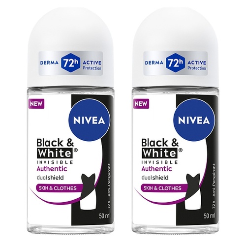 NIVEA Deo Roll-On Black & White Invisible Authentic 50mL Pack of 2
