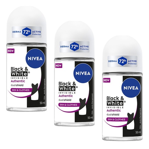 NIVEA Deo Roll-On Black & White Invisible Authentic 50mL Pack of 3
