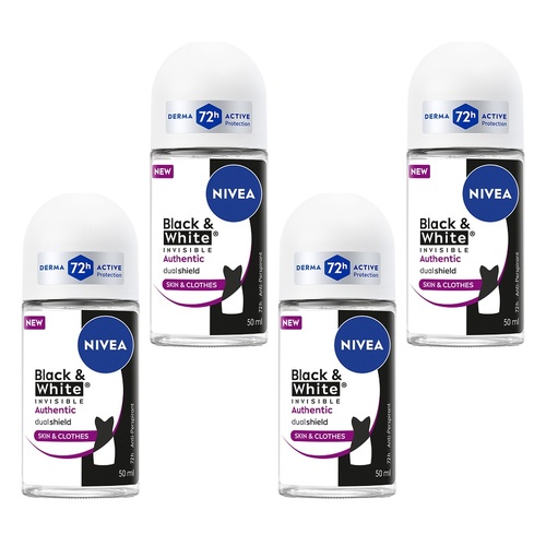 NIVEA Deo Roll-On Black & White Invisible Authentic 50mL Pack of 4