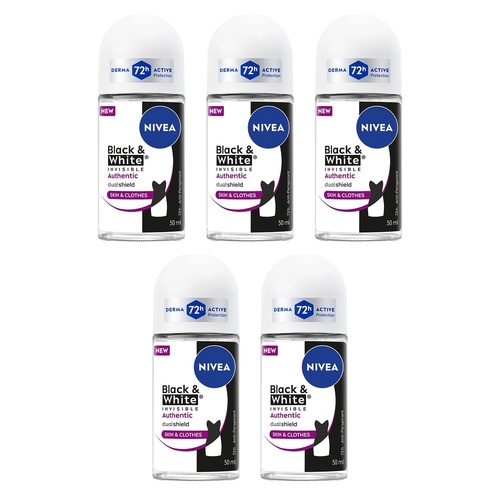 NIVEA Deo Roll-On Black & White Invisible Authentic 50mL Pack of 5