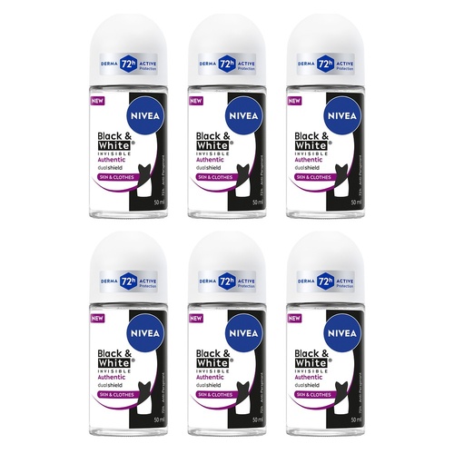 NIVEA Deo Roll-On Black & White Invisible Authentic 50mL Pack of 6