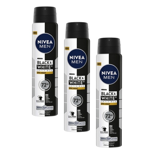 Nivea Men Black & White Invisible Epic Night Aerosol 250mL Pack of 3