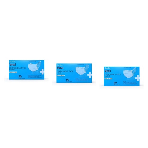 Soodox Vytal Face Masks, Blue, Pack of 50 Bundle of 3