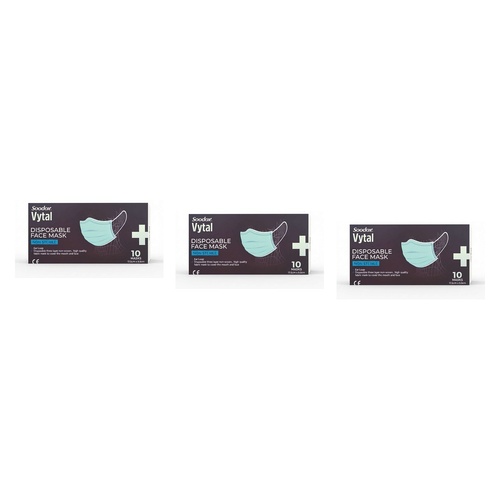 Soodox Vytal Face Masks, Blue, Pack of 10 Bundle of 3