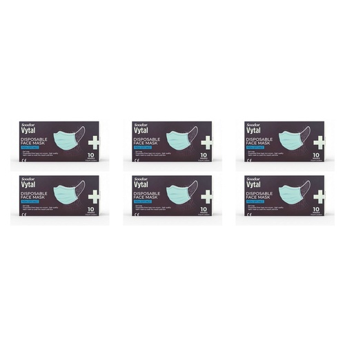 Soodox Vytal Face Masks, Blue, Pack of 10 Bundle of 6