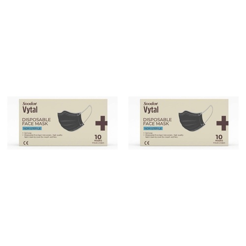 Soodox Vytal Face Masks, Black, Pack of 10 Bundle of 2
