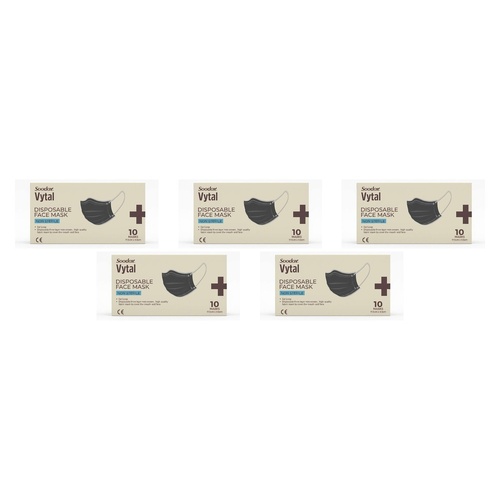 Soodox Vytal Face Masks, Black, Pack of 10 Bundle of 5