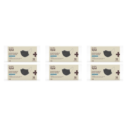 Soodox Vytal Face Masks, Black, Pack of 10 Bundle of 6