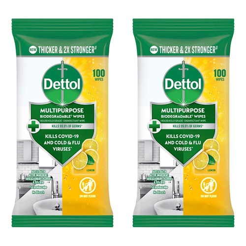 Dettol Multipurpose Biodegradable Wipes Lemon 100 Pack Bundle of 2