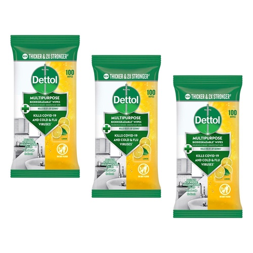 Dettol Multipurpose Biodegradable Wipes Lemon 100 Pack Bundle of 3
