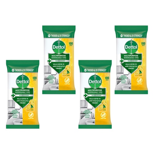 Dettol Multipurpose Biodegradable Wipes Lemon 100 Pack Bundle of 4