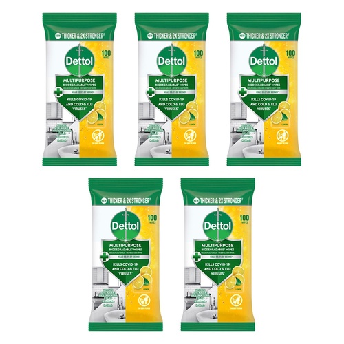 Dettol Multipurpose Biodegradable Wipes Lemon 100 Pack Bundle of 5