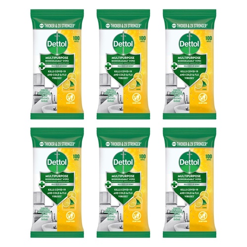 Dettol Multipurpose Biodegradable Wipes Lemon 100 Pack Bundle of 6