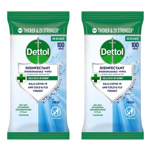 Dettol Disinfectant Biodegradable Wipes Fresh 100 Pack Bundle of 2