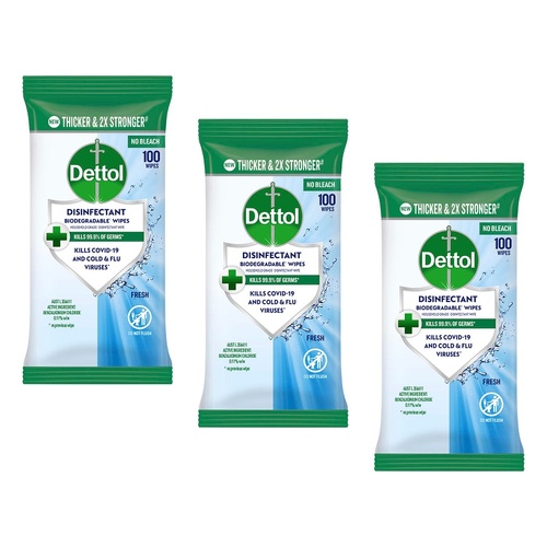 Dettol Disinfectant Biodegradable Wipes Fresh 100 Pack Bundle of 3