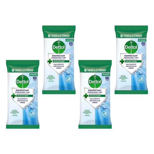 Dettol Disinfectant Biodegradable Wipes Fresh 100 Pack Bundle of 4