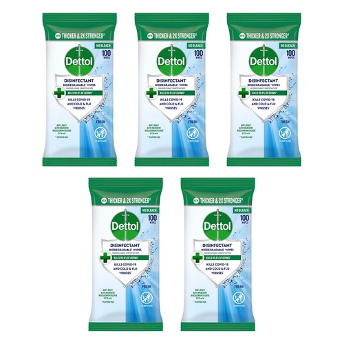 Dettol Disinfectant Biodegradable Wipes Fresh 100 Pack Bundle of 5
