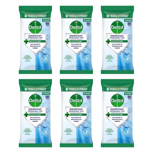 Dettol Disinfectant Biodegradable Wipes Fresh 100 Pack Bundle of 6