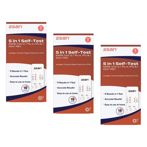 2San 5-in-1 COVID-19, Flu, RSV and Adenovirus Rapid Test Pack of 3