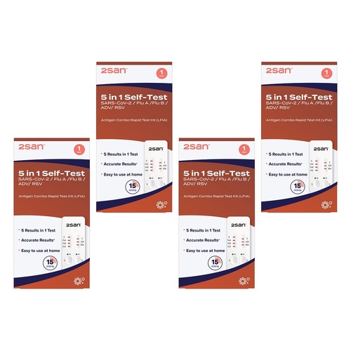 2San 5-in-1 COVID-19, Flu, RSV and Adenovirus Rapid Test Pack of 4