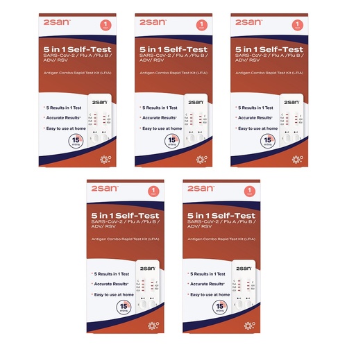 2San 5-in-1 COVID-19, Flu, RSV and Adenovirus Rapid Test Pack of 5