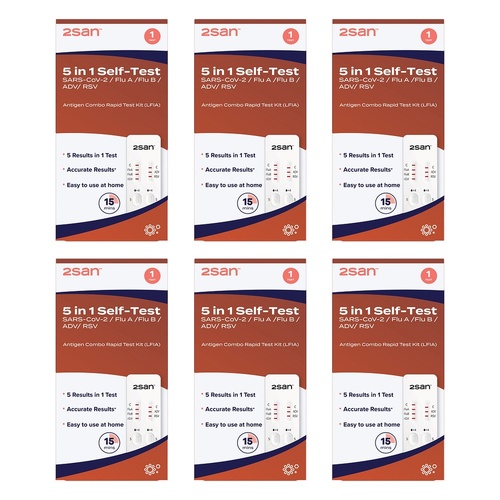 2San 5-in-1 COVID-19, Flu, RSV and Adenovirus Rapid Test Pack of 6