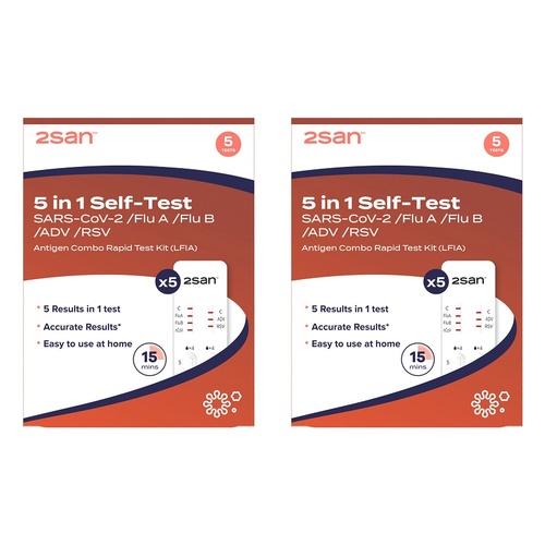 2San 5-in-1 COVID-19, Flu, RSV and Adenovirus Rapid Test 5 Pack Bundle of 2